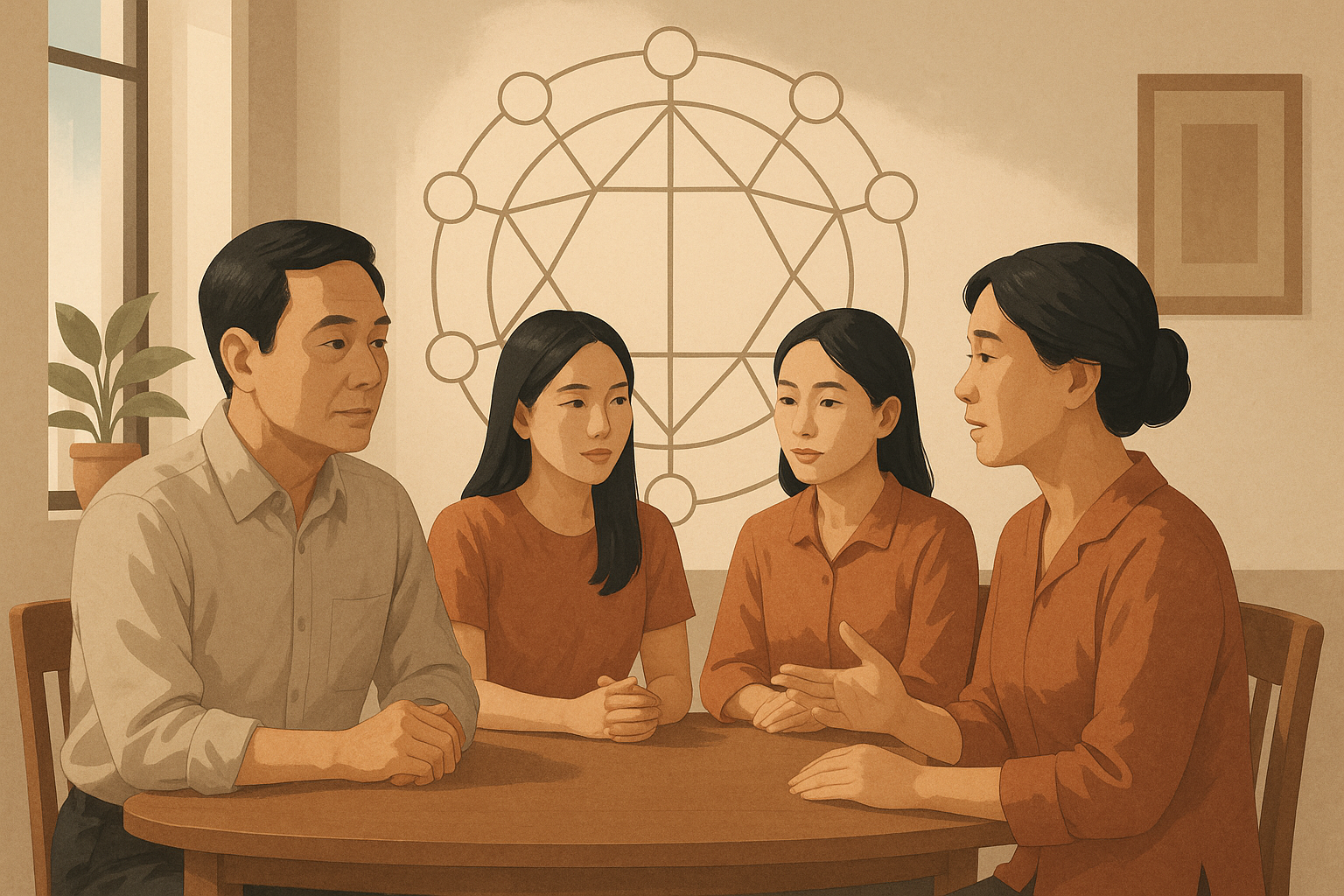 Minh họa một gia đình Việt Nam trò chuyện bên bố cục hình tròn trừu tượng gợi liên tưởng đến lá số