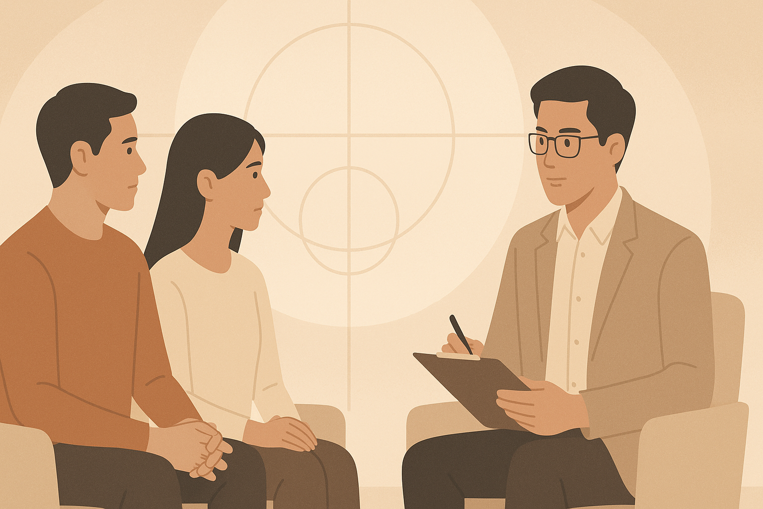 Một cặp đôi Việt Nam ngồi đối diện chuyên gia trong không gian tư vấn hiện đại, giữa họ là các lớp hình tròn biểu trưng cho việc xem xét bối cảnh hôn nhân toàn diện
